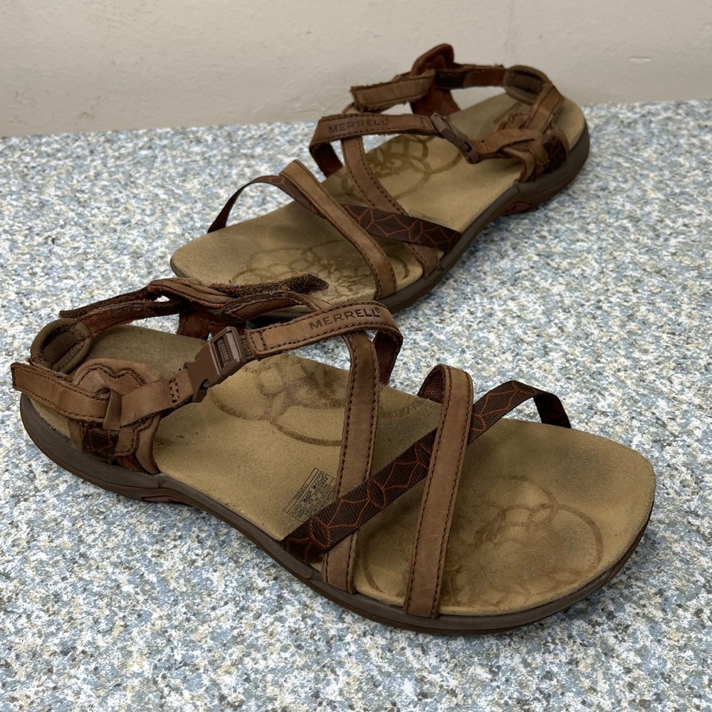 Merrell Sandals J57606 Womens 8 Brown Leather Strappy Hiking Outdoor Dark Earth